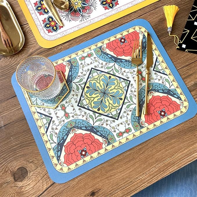 Classic Artwork Modern PU Placemats Non Slip for Dining Table Wipeable Reusable Plastic Tableware Dishwaser Home Decor(Classic-7)