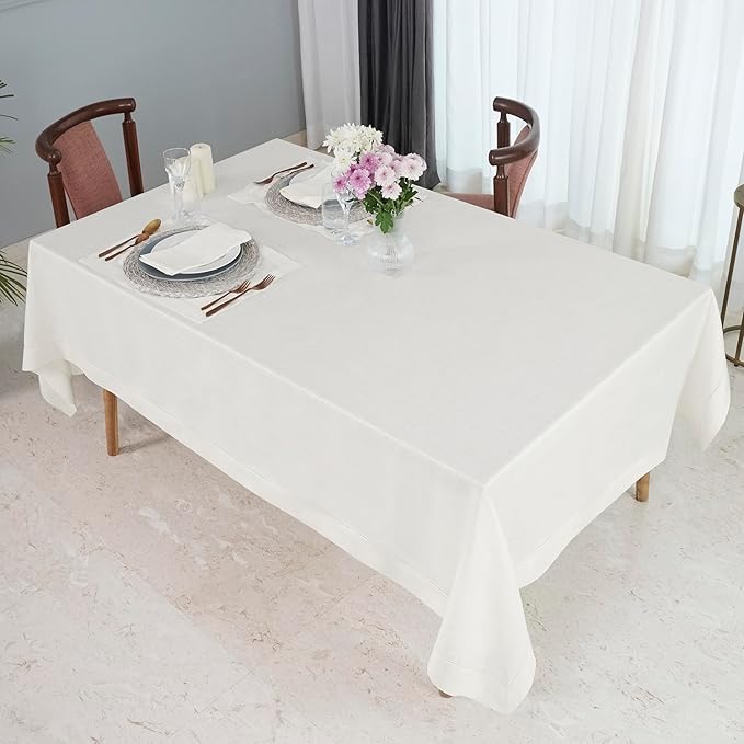 D'Moksha Homes Ivory Linen Tablecloth 60 x 108 Inch - 100% Pure Linen Ivory Table Cloth for Rectangle Tables - Classic Hemstitch, Machine Washable Tablecloth for Valentines, Spring, Easter