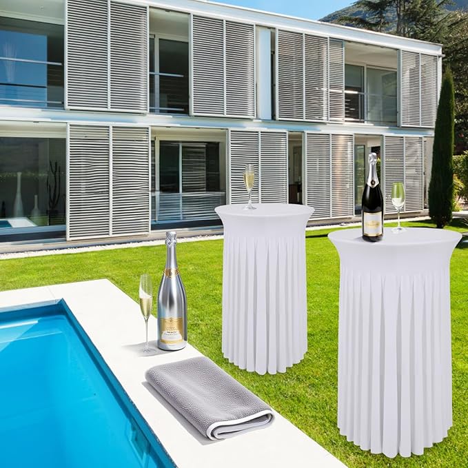 6 Pcs White Spandex Stretch Round Cocktail Table Skirt, 32x43 Inch High Top Table Covers, Fitted Table Cloths for Wedding, Bar, Banquet, Party Decor & Event Supplies
