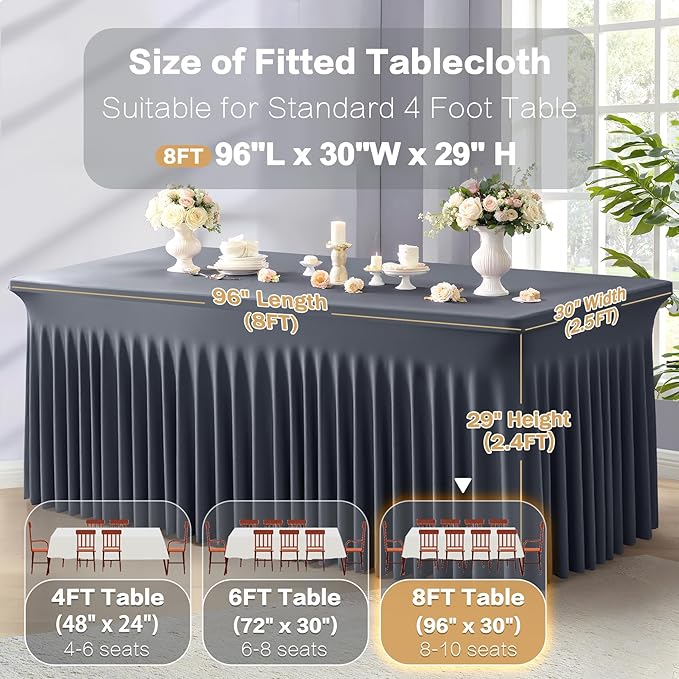 6 Packs Grey Spandex Tableclothes for 8 Foot Rectangle Table, Spandex Table Covers 8FT Stretch Table Skirts Wrinkle Free Fitted Table Cloth for Event, Wedding, Banquet & Parties