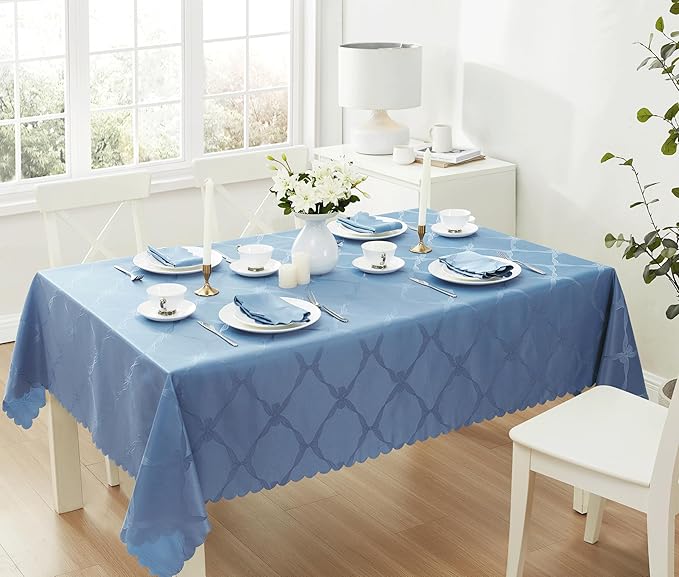 Newbridge Ribbons and Bows Damask Spring & Easter Holiday Fabric Tablecloth, Blue, 60 x 144 Inch Rectangle, Wrinkle & Stain Resistant Table Cover