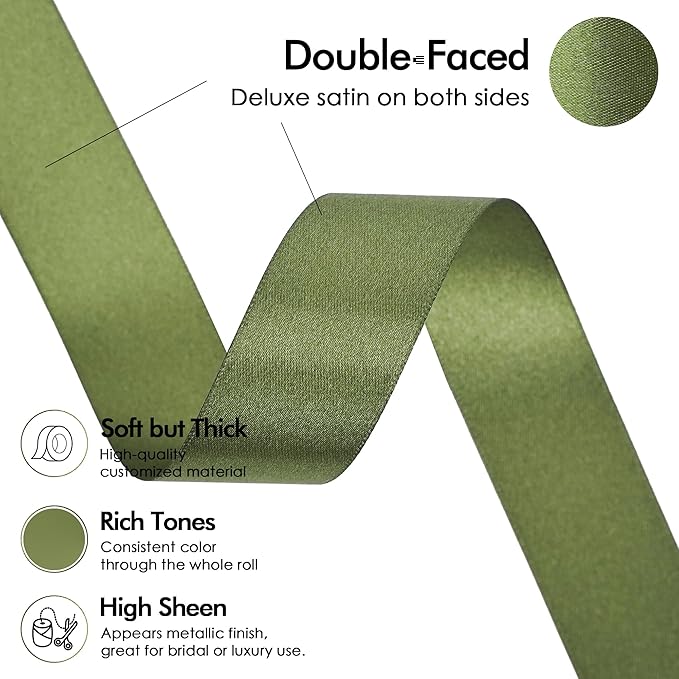MEEDEE Moss Green Ribbon 1 Inch Moss Green Satin Ribbon Lux Double Faced Ribbons by 50 Yards Polyester Green Wrapping Ribbons for Crafts, Weddings, Flower Bouquet, Holiday Decorating