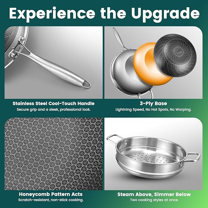 AOSION Hybrid 13 inch Stainless Steel Wok with Steamer, PFOA Free Cookware, Nonstick Wok Pan & Stir-Fry Pans with Lid and Draining Mat, Works on Induction, Dishwasher & Oven Safe