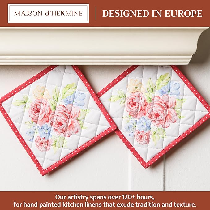 Maison d' Hermine Pot Holders Set 100% Cotton Heat Resistant Potholders 8" x 8" Hot Pads with Loop BBQ, Cooking, Baking, Grilling, Kitchen, Handling Hot Pans Spring/Summer (Pack of 2,Vintage Floral)