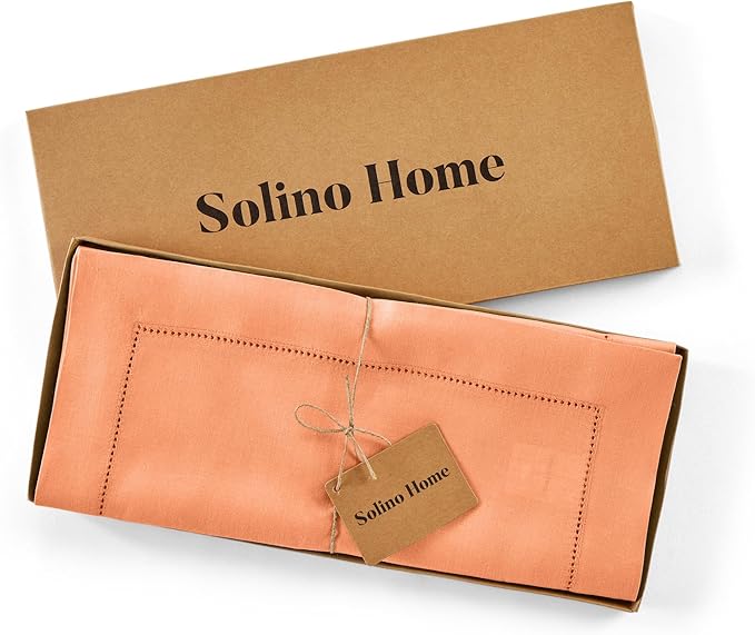 Solino Home Linen Coral Table Runner 144 Inches Long - 100% Pure Linen Extra Long Table Runner 14 x 144 Inch for Valentines, Spring, Easter - Classic Hemstitch