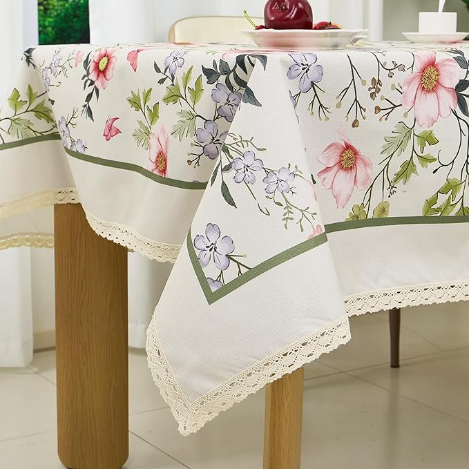 French Vintage Floral Tablecloth Rectangular, Linen Table Cloth with Flowers and Leaves Pattern, Waterproof Decor Table Cover with lace for Dining Party Holiday, 60"x 84"