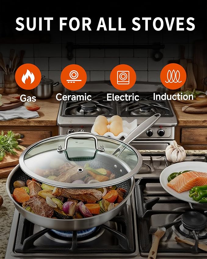 LOLYKITCH Hybrid 10 Inch Tri-Ply Stainless Steel Wok Pan with Lid,Ceramic Non Stick Stir Fry Pan,Induction Cooking Pan,Dishwasher and Oven Safe,Riveted Handle