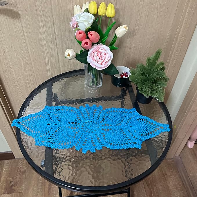 BIBITIME Handmade Crochet Lace Table Doilies - Bright Lake Blue Placemats, 7" x21” Vintage Flower Design Kitchen Dining Decor