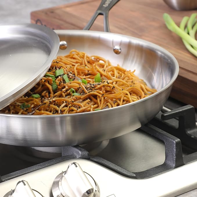 Babish 12-Inch Tri-Ply Stainless Steel Frying Pan with Lid & Black Handle – Professional Grade Skillet for Searing, Sautéing & Even Heat Cooking