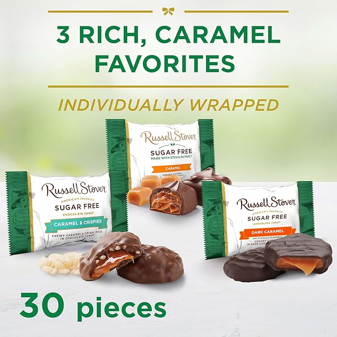 RUSSELL STOVER Sugarfree Assorted Caramels in Chocolate Candy, 15.3 oz. bag, 3 Pack