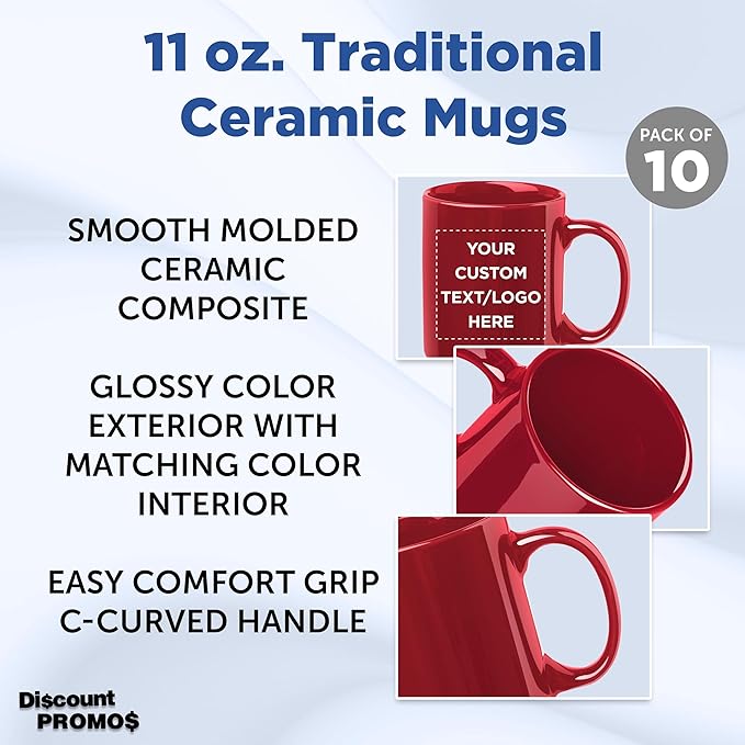 DISCOUNT PROMOS Ceramic Coffee Mugs 11 oz. Set of 10, Bulk Pack - Coffee cup set, Iced coffee cup, Gaming mug - Red