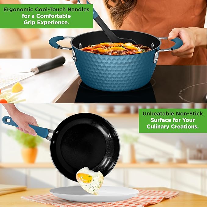 NutriChef 11 Pc Pots and Pans Set - Non Stick Cookware Set with Ceramic Coating, Ergonomic Handles, Induction Ready, Includes Saucepan, Dutch Oven, Large & Small Fry Pans - Royal Blue