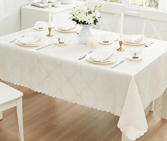 Newbridge Ribbons and Bows Damask Spring & Easter Holiday Fabric Tablecloth, Ivory, 52 x 52 Inch Square, Wrinkle & Stain Resistant Table Cover