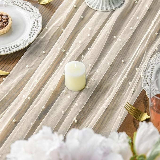 Artoid Mode 3PCS Pearl Beige Gauze Table Runner 120 Inch 10FT, Seasonal Sheer Dining Holiday Wedding Birthday Baby Shower Table Decor for Home Party
