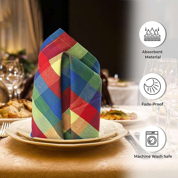 Urban Villa Cotton Dinner Napkins Set of 6, Highly Absorbent 20x20 Inches Premium Cloth Napkins Hotel Quality Reusable & Washable Table Dinner Napkins for Home & Weddings - Multi Prismatic, Checks