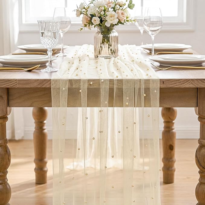 Artoid Mode Pearl Champine Gauze Table Runner 120 Inch 10FT, Seasonal Sheer Dining Holiday Wedding Birthday Baby Shower Table Decor for Home Party
