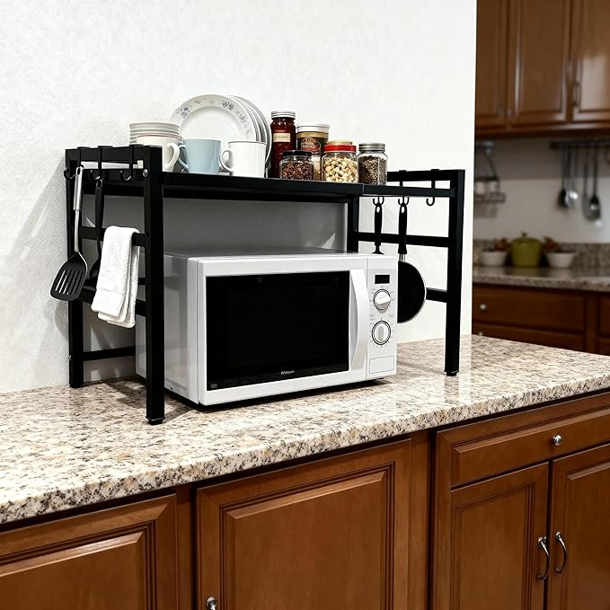 Microwave Oven Rack, Microwave Shelf Expandable Microwave Stand Countertop Kitchen Utensils, Bakers Rack, Carbon Steel Over Microwave Shelf Countertop with 6 Hooks (Black, 2 Tier)