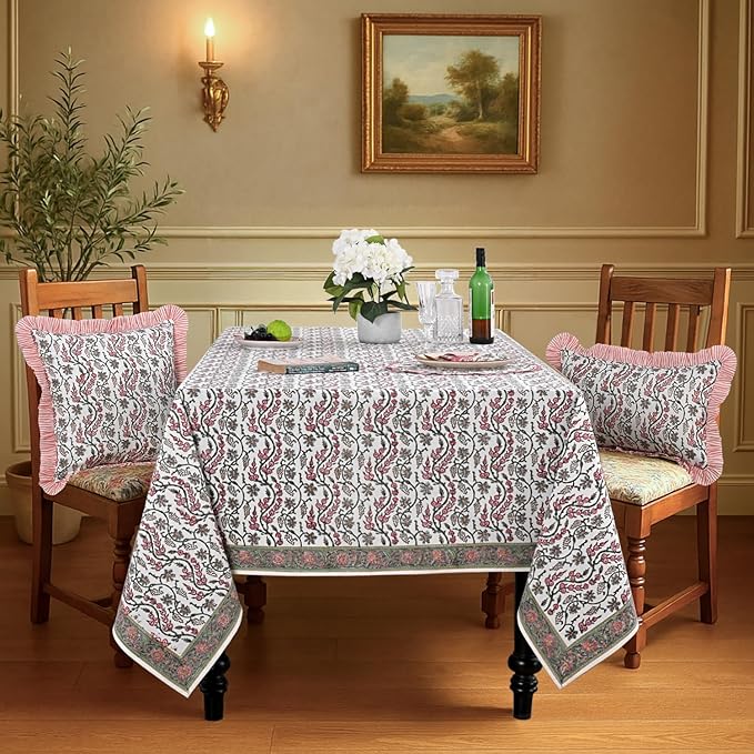 Ridhi Hand Block Print Coral Pink Rectangle Cotton Tablecloth 108" x 70" Reusable Table Cover Decorative Everyday Use for Dining, Farmhouse, Home Gift for Spring, Easter, Valentine