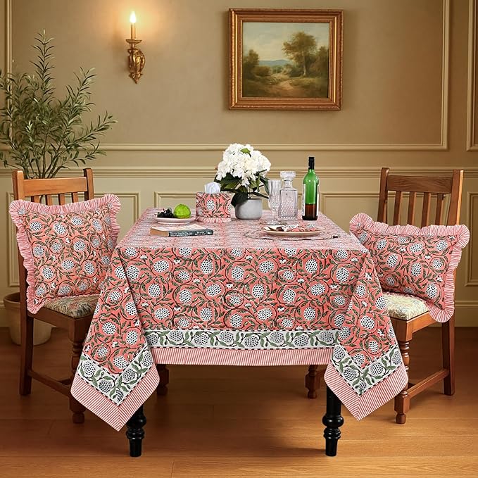 Ridhi Hand Block Print Dark Salmon Pink Rectangle Cotton Tablecloth 108" x 70" Reusable Table Cover Decorative Everyday Use for Dining, Farmhouse, Home Gift for Spring, Easter, Valentine