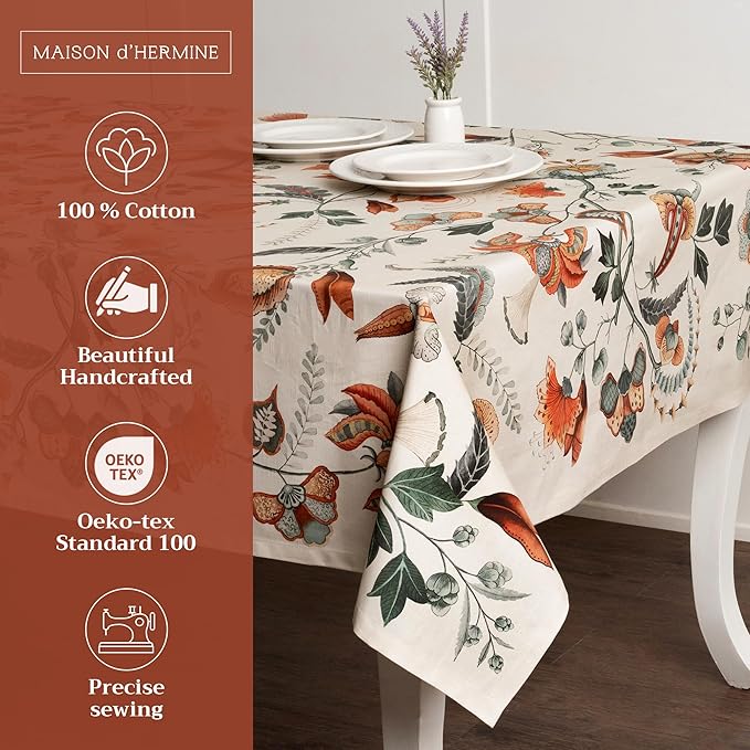 Maison d' Hermine Table Cloth Rectangle Table 100% Cotton 70 x 108 Inches Fall Tablecloth Reusable Everyday Use for Thanksgiving Christmas Decorations Dining Farmhouse Party (Dalida)