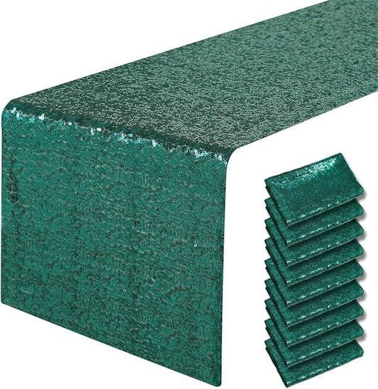 10 Packs 12 x 72 inches Hunter Green Sequin Table Runner, Glitter Runner for Birthday Party Supplies Decorations Wedding Bachelorette Holiday Celebration Bridal Shower Baby Shower