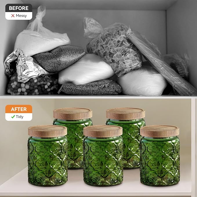 Vintage Glass Jar with Lid, Cookie Candy Jar Coffee Canister Food Storage Containers Set for Kitchen Office (Green Birchapple Flowers - Acacia)