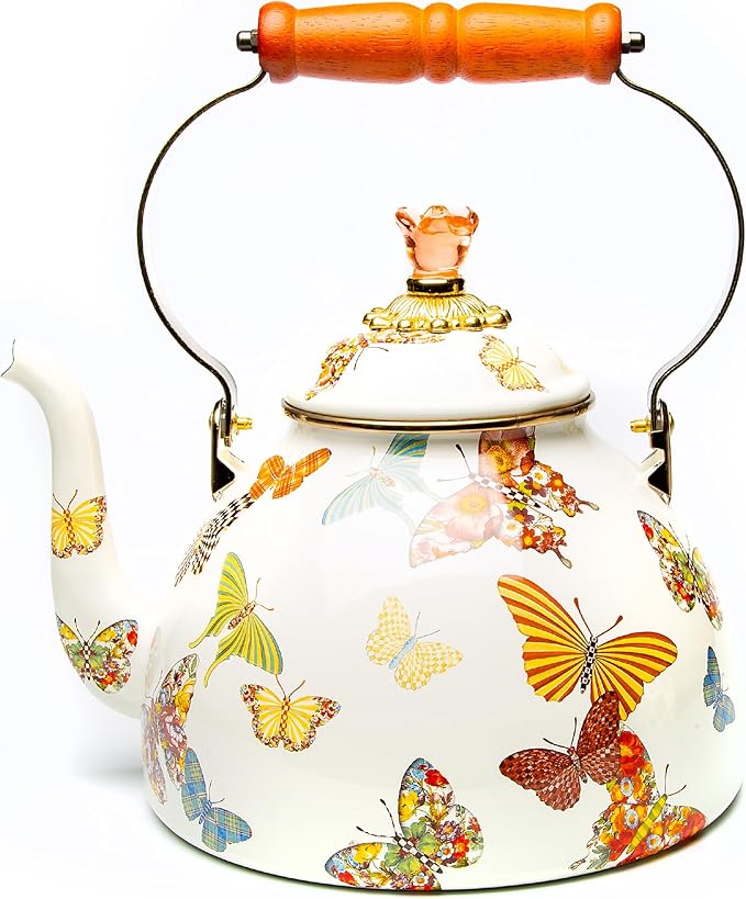 MACKENZIE-CHILDS Enamel Tea Kettle, Cute Kitchen Kettle for Stovetop, 2-Quart Capacity, Butterfly Garden