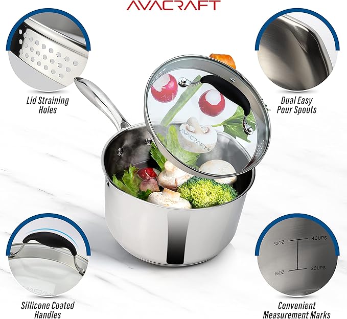 AVACRAFT Stainless Steel Saucepan with Glass Strainer Lid, Two Side Spouts for Easy Pour with Ergonomic Handle, Multipurpose Sauce Pot (5-Ply Capsule Bottom, 1.5 Quart)