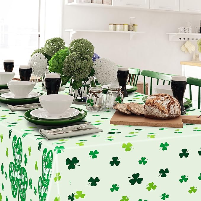 QZYL 2 Pcs St Patricks Day Decorations, 108" X 54" Shamrock Decorations, Plastic Happy St. Patrick's Day Tablecloth, Shamrock Tablecovers, Disposable Rectangle Irish Green Table Cloth for Lucky Party