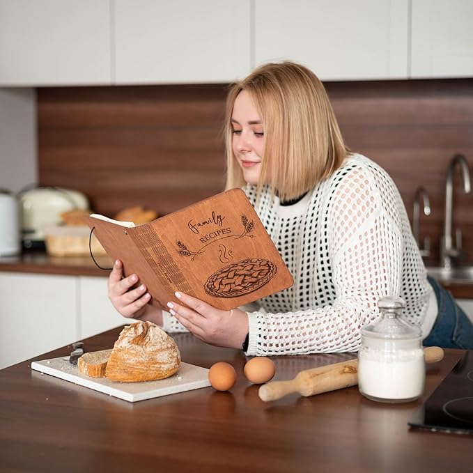 ENJOY THE WOOD Personalized Recipe Book Binder - Wooden Blank Family Cookbook Journal to Write in Your Own Recipes - Customized Recipe Binder, Recipe Books to Write in, Hardcover (Large (A4), Pie)