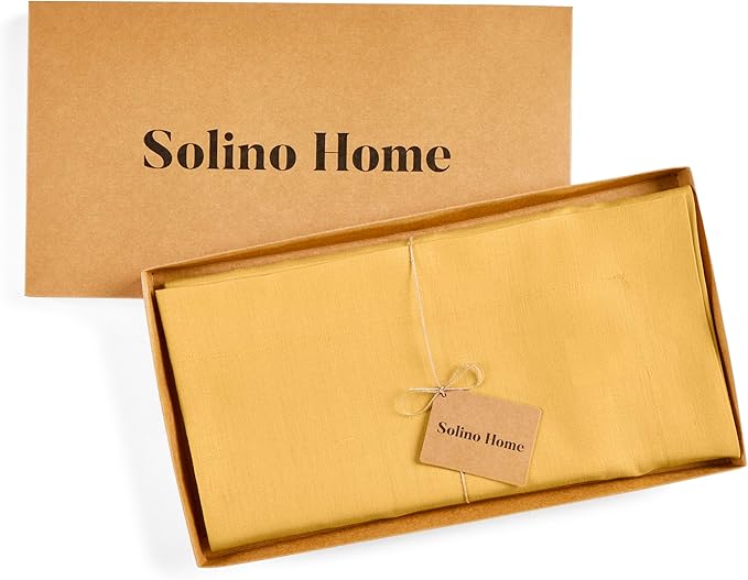 Solino Home Linen Tablecloth 52 x 52 Inch - 100% Pure Linen Mustard Yellow Square Tablecloth - Fete, Machine Washable Table Throw for Spring, Easter
