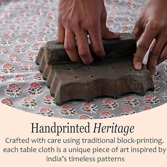 CPC Round Tablecloth- Cotton Indian Block Print Tablecloth -Handmade Printed Washable Cotton Table Cloth - Spring/Summer, Wedding Table Cover - Labra Gray 110 Inches