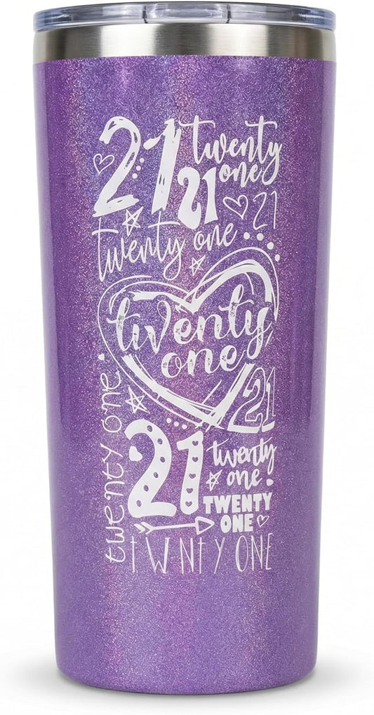 Zoey Christina 21st Birthday Stainless Steel Coffee Tumbler, 16 oz, Handleless, Purple & Mint Colors, Shimmer Finish (Purple)