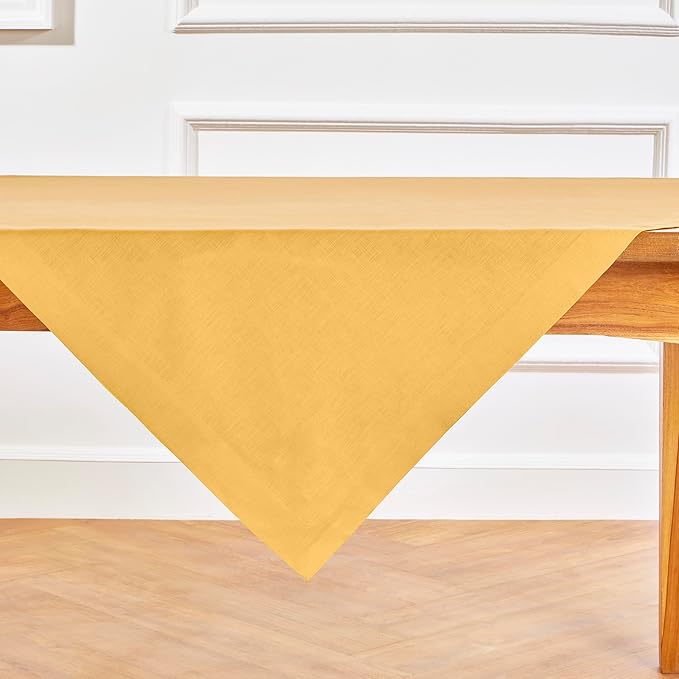 Solino Home Linen Tablecloth 52 x 52 Inch - 100% Pure Linen Mustard Yellow Square Tablecloth - Fete, Machine Washable Table Throw for Spring, Easter