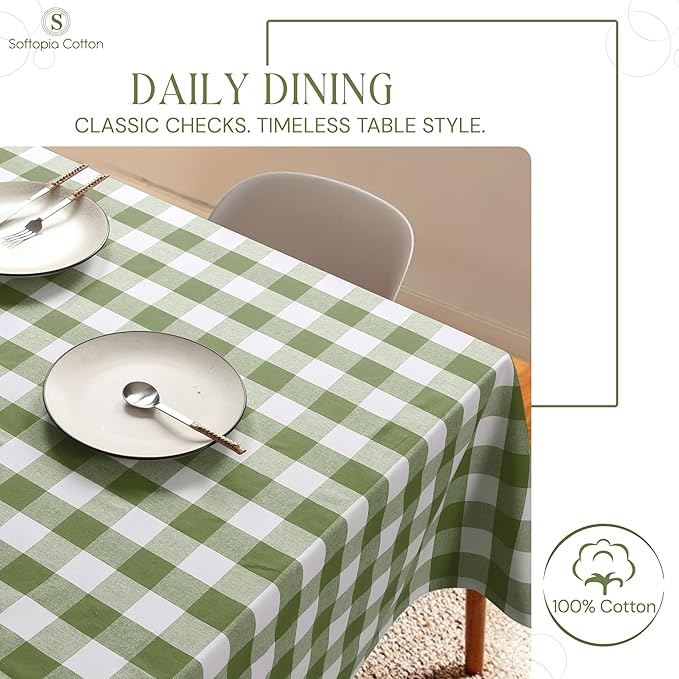 Mint Green and White Buffalo Check Tablecloth, 60x84 Inches, Plaid Table Cover, 100% Cotton, Washable, Reusable Farmhouse Tablecloth for Holidays, Parties, Weddings, Everyday Use