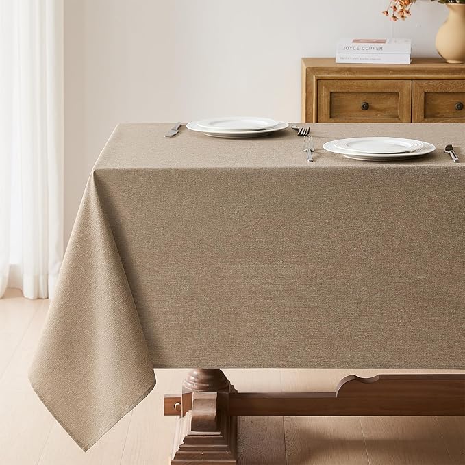 Faux Linen Tablecloths for Rectangle Tables, 2 Pack Burlap Textured Table Cloths Washable Farmhouse Table Cover Water Resistant for Dining, Wedding, Outdoor(Khaki, 60"×84")