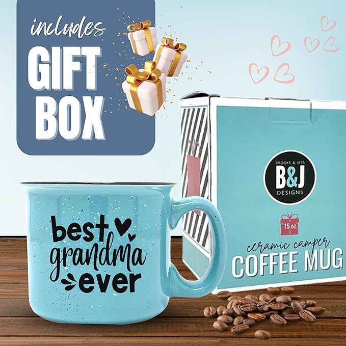Best Grandma Ever Teal - Cute Funny 15 oz Coffee Mug - Unique Fun Gifts for Grandmother, Grandma from Grandkids - Coffee Cups & Mugs with Quotes