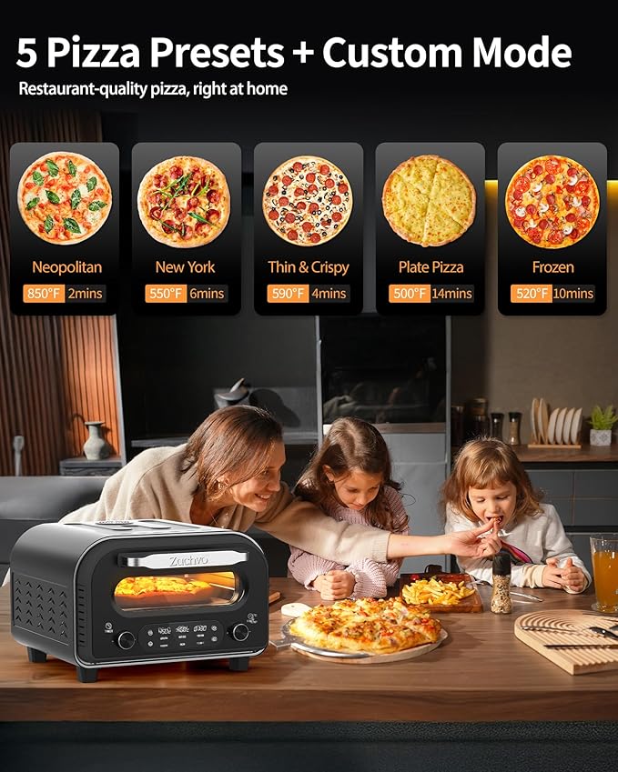 Pizza Oven Indoor, Heats up to 850°F, Makes 12” Pizzas in 90 Seconds, Electric Pizza Oven with 6 Touchscreen Presets, Countertop Pizza Ovens for Kitchen, Recipes & Pizza Stone Peel Included, Silver