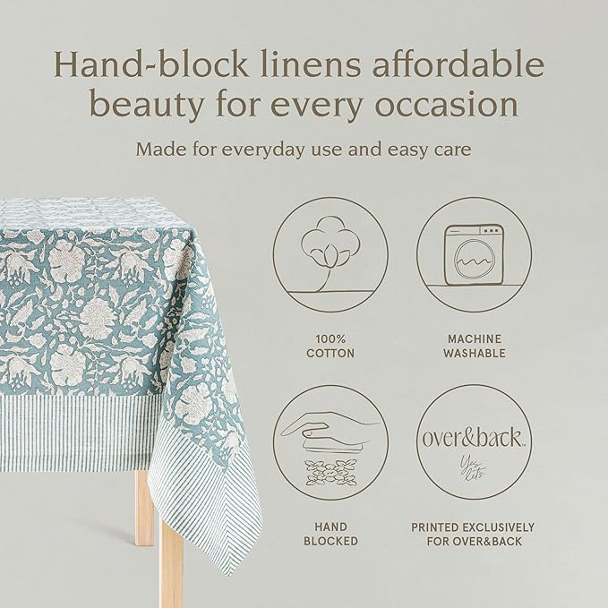 Over&Back Hand-Screened Tablecloth - Dining Table Cover - Each Tablecloth is Unique - 100% Cotton - Machine Washable - Kitchen and Home Decor - Blue Floral - 70x90