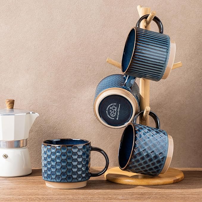 GBhome 15OZ Stackable Coffee Mugs, Ceramic Coffee Mugs with Texture Patterns for Man,Woman,Dad,Mom, Modern Coffee Mugs Set of 4 for Latte/Cappuccino/Cocoa. Dishwasher&Microwave Safe,