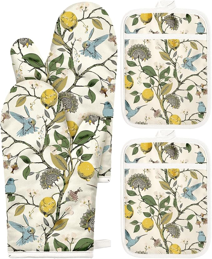 Cotton Oven Mitts and Pot Holders Sets - Quilted Lining Heat Resistant 4 Pieces Set with Hanging Loop Cute Farmhouse Boho Spring Kitchen Decor and Accessories, Lemon Bird