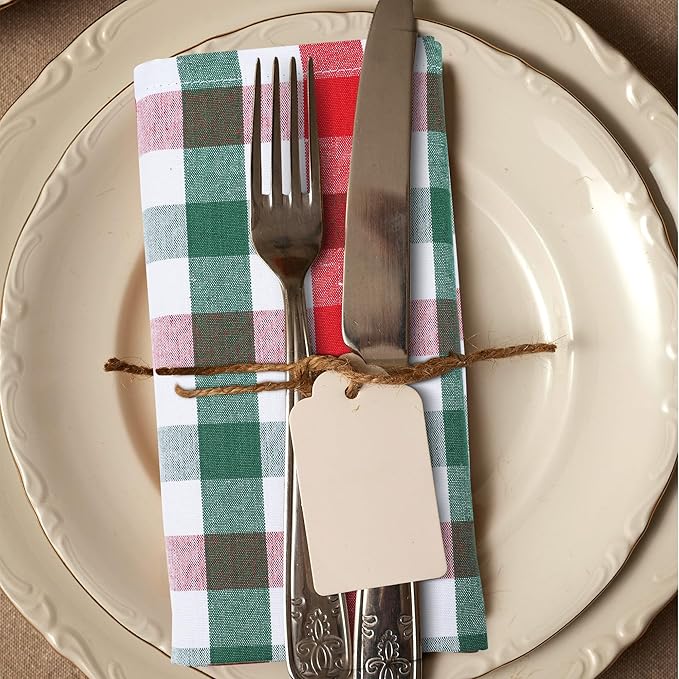 Urban Villa Cotton Dinner Napkins Set of 6, Highly Absorbent 20x20 Inches Premium Cloth Napkins Hotel Quality Reusable & Washable Table Dinner Napkins for Home & Weddings - Red/Green/White, Checks