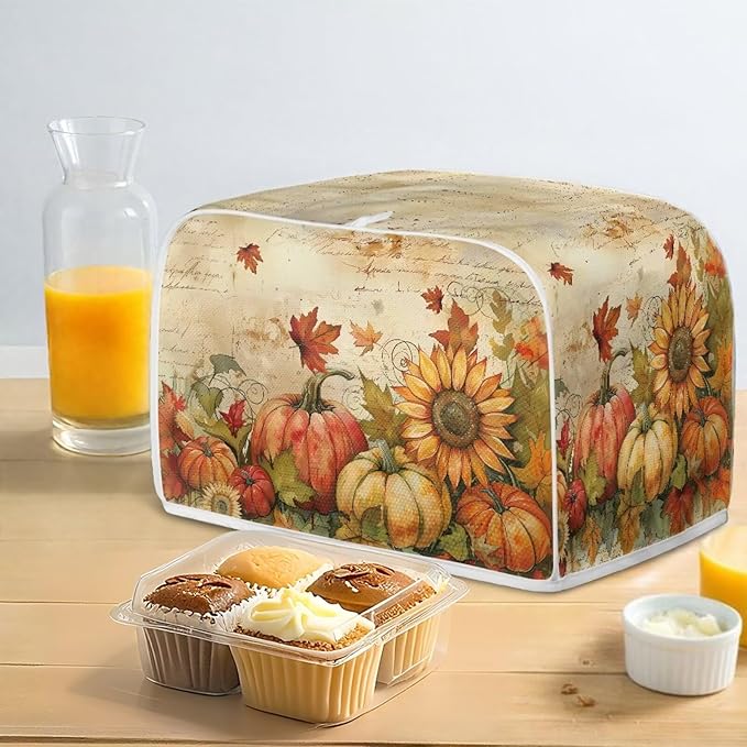 Doojoayie Fall Theme Toaster Cover Small Appliance Cover 4 Slice Dustproof Toaster Machine Protection for Most Standard Toasters, Flower Pumpkin Print