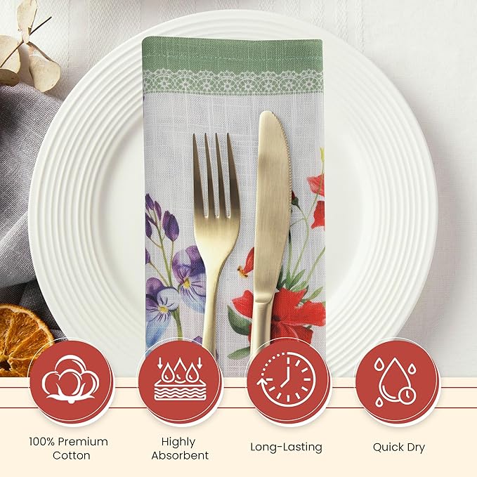 Vintage Vista Cotton Cloth Napkins Set of 4 (17" x 17") - Digital Printed Table Napkins Cloth Washable & Reusable for Everyday Use, Christmas, Thanksgiving, Halloween & More - (Red Flowers)