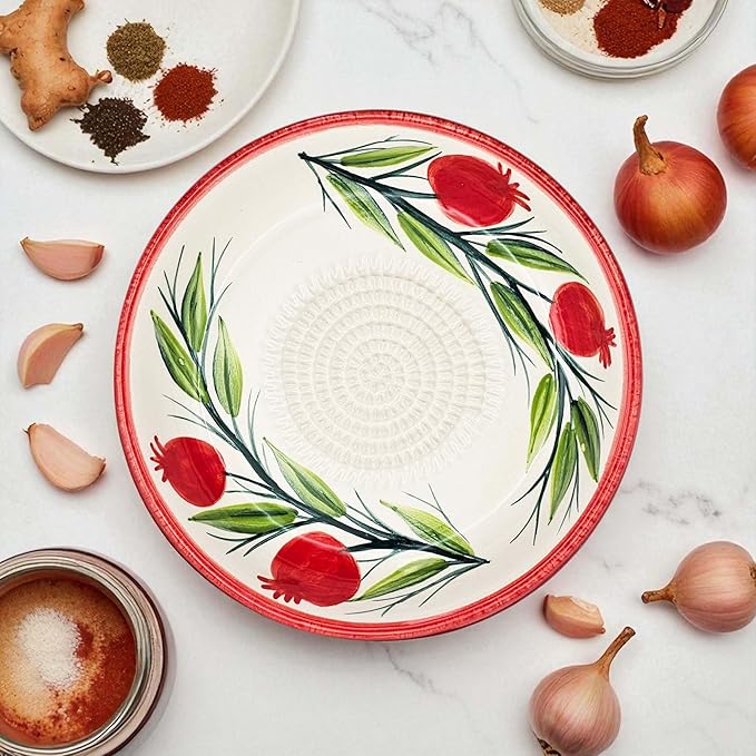 Ceramic Grater Bowl, Garlice Grater Plate, Handmade Ginger Grater, Mincer Bowl for Cheese &Vegetables, Ceramic Decorative Mincer, Hand Dish for Garlic (Pomegranate Garden)