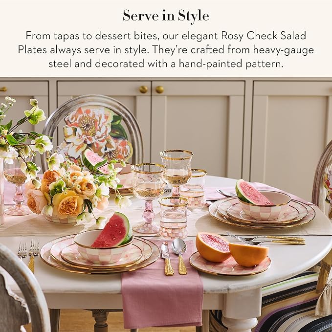 MACKENZIE-CHILDS Enamel Salad and Dessert Plate, Small Plate for Appetizers or Desserts, 8 Inches, Set of 4, Pink-and-White Rosy Check