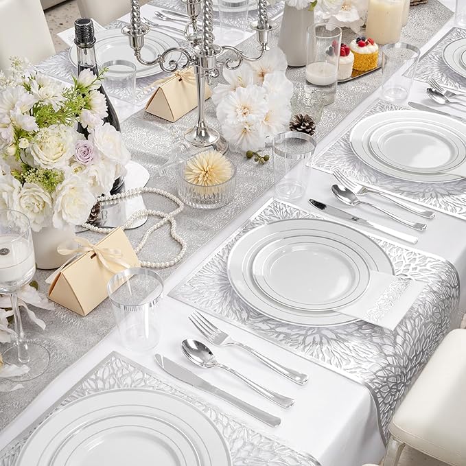WDF 175PCS White and Silver Plastic Plates - Plastic Plates - 25Guests Silver Disposable Dinnerware Sets for Wedding/Birthday/Holiday/Valentine's Day