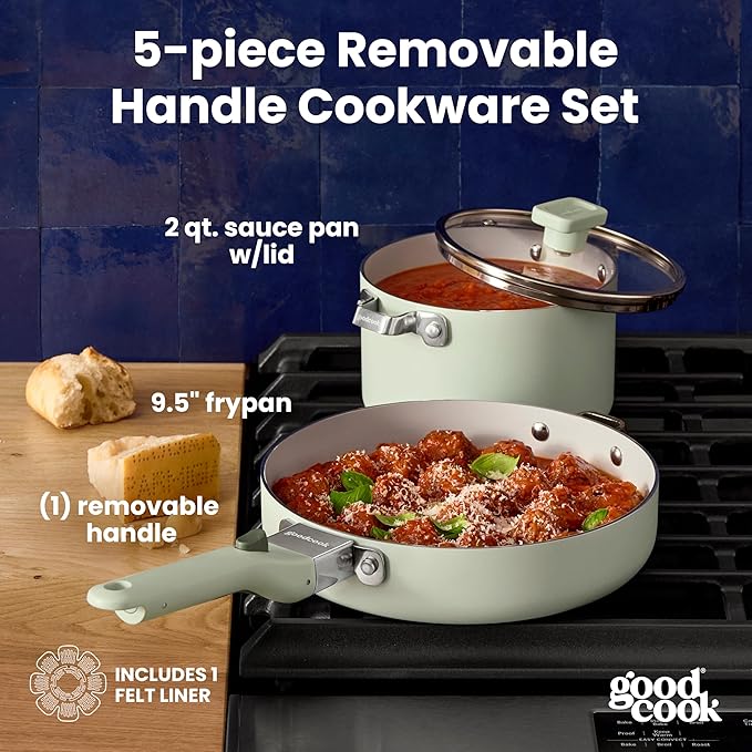 GoodCook Ceramic Cookware Set 5-Piece with Removable Handle, Induction Compatible, Nonstick and Oven Safe with 9.5-Inch Frypan, Sage Green