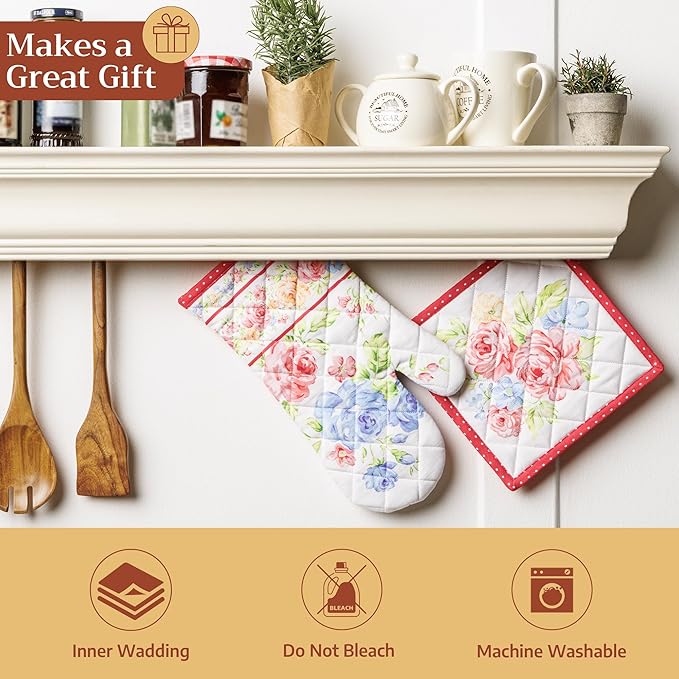 Maison d' Hermine 100% Cotton Oven Mitt & Pot Holder Set (7.5"x13" & 8"x8") Heat Resistant BBQ Cooking Gloves with Loop, Baking, Grilling, Kitchen, Handling Hot Pans Spring/Summer (Vintage Floral)