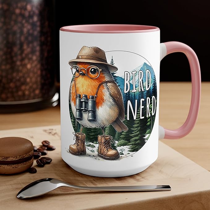Bird Nerd Coffee Mug – Funny Nature Watcher Gift – Birding Beverage Cup for Coffee Lovers, Bird Watching Fans & Any Occasion - Novelty Ceramic (15Oz Pink Handle)